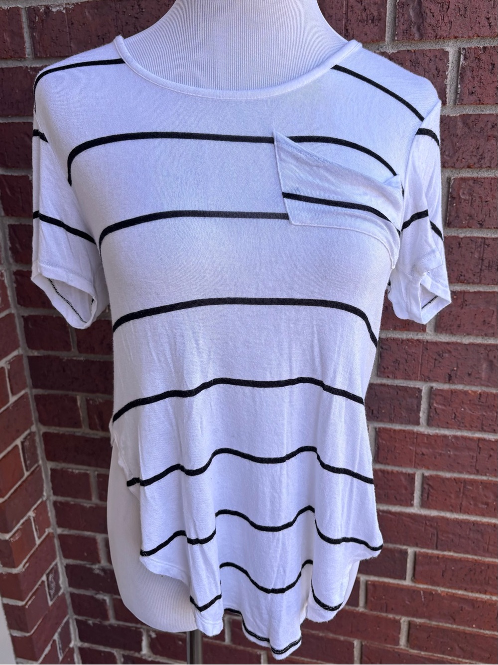 Me to We White Short Sleeve Tee with Black Stripes & Pocket